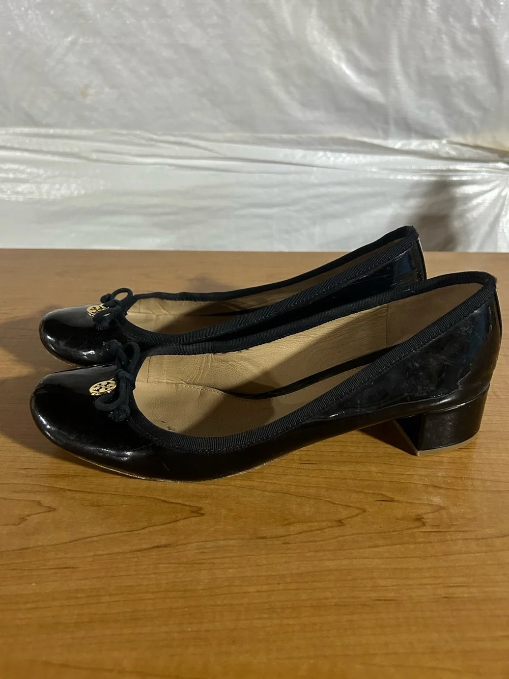 Tory Burch Black Patent Low Block Heel Pumps with Gold Logo